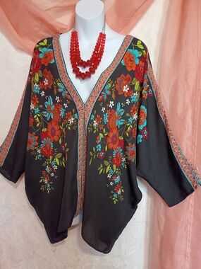 Rose & Olive Ladies Blk Floral  Kimono Tunic w/ Red & Teal Accents Sz Lg